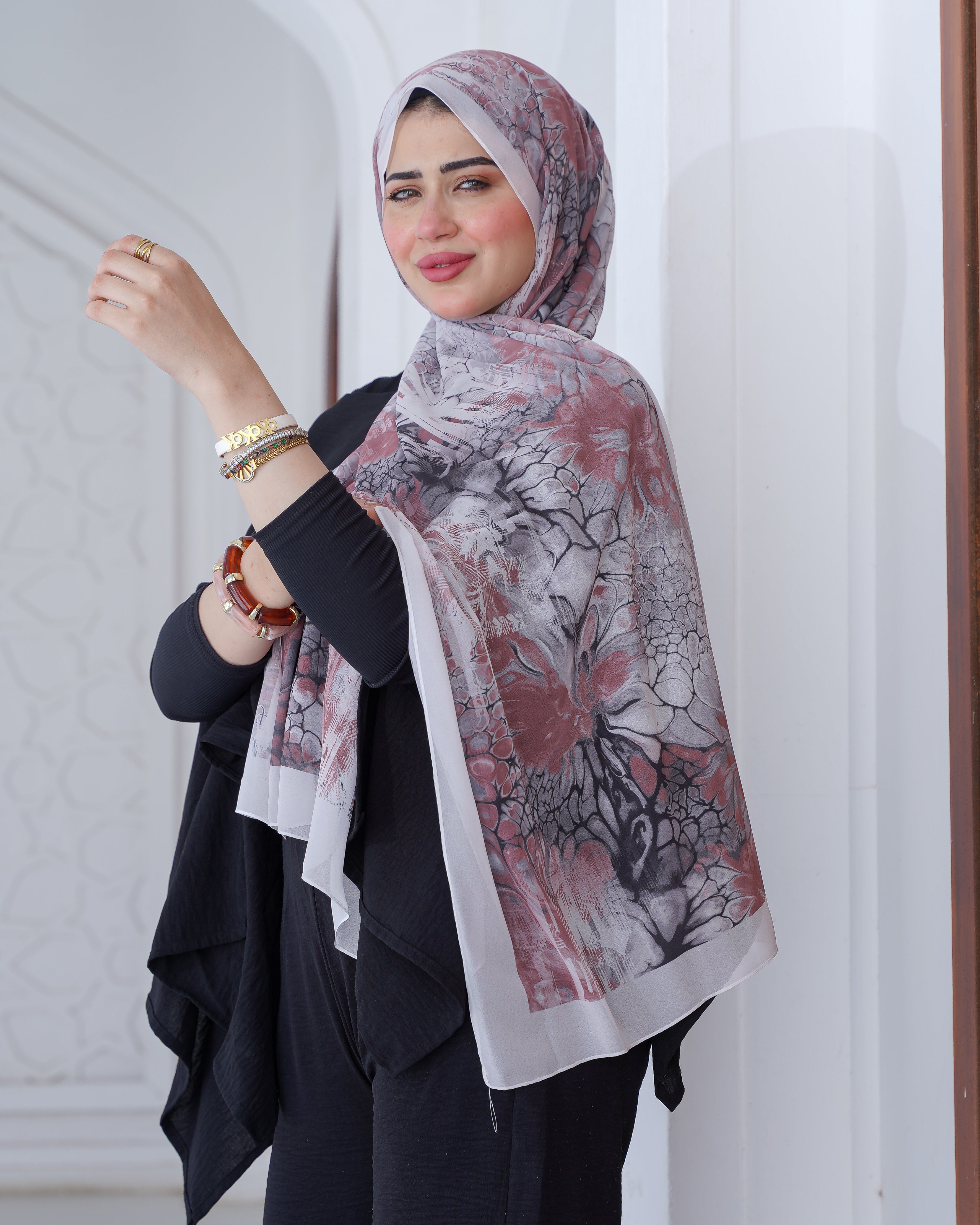 Farida premium Chiffon Hijab | Marble Floral Art Print